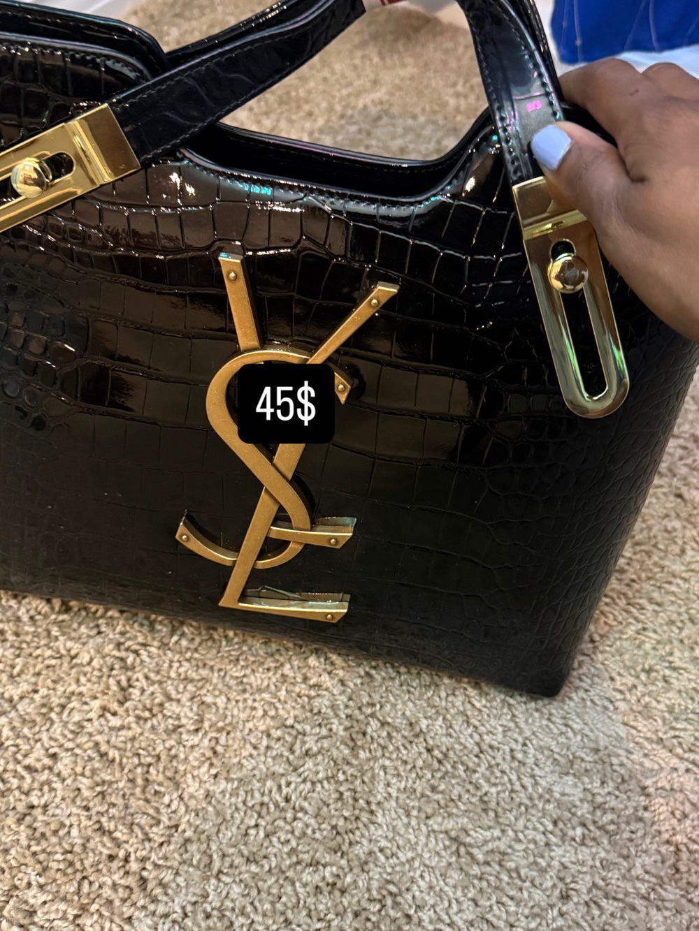 Black Croc-Embossed Tote with Gold Hardware - Designer Style